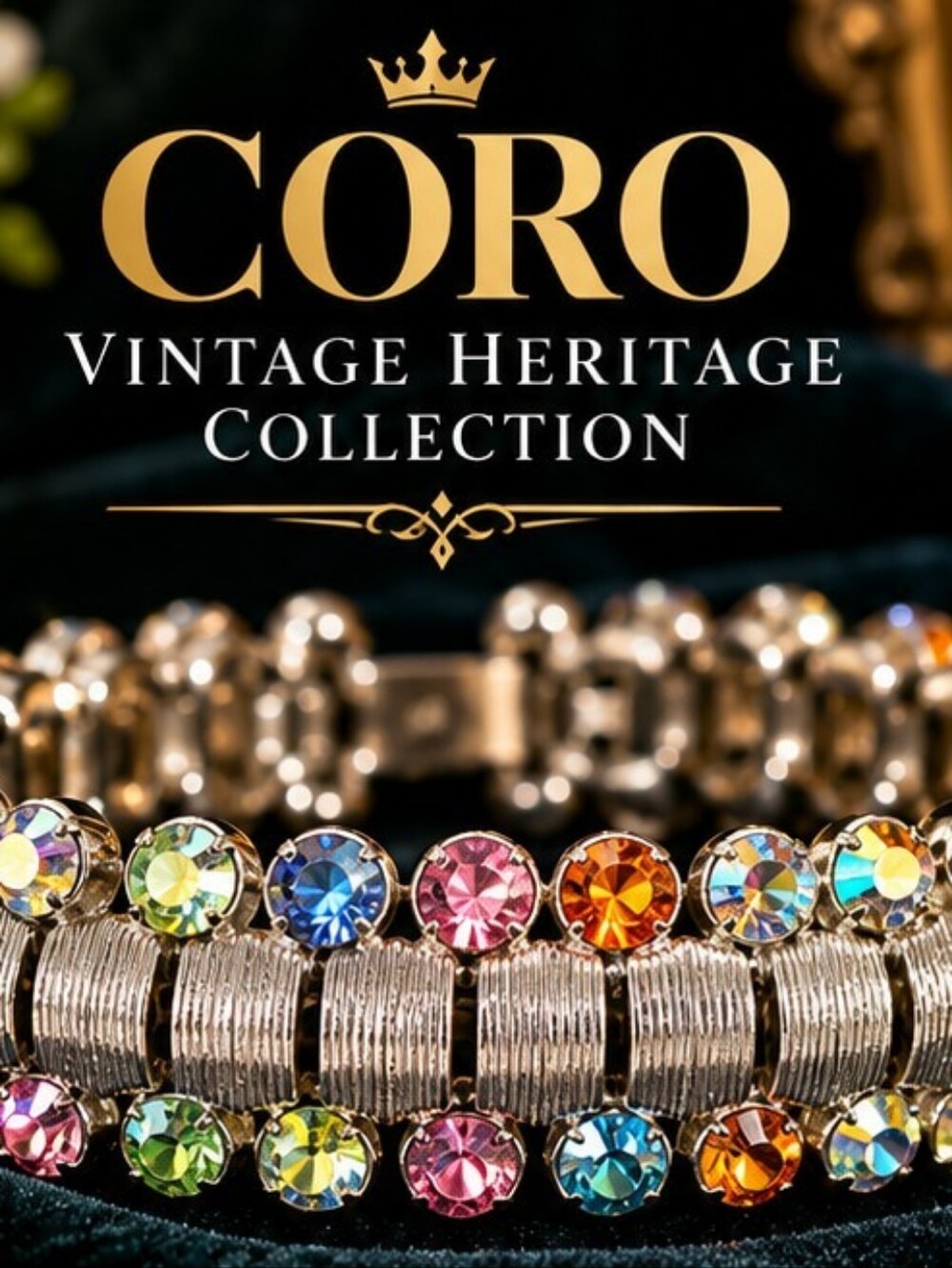 Vintage CORO Multicolor AB Rhinestone Bracelet Silver Tone Wide Statement